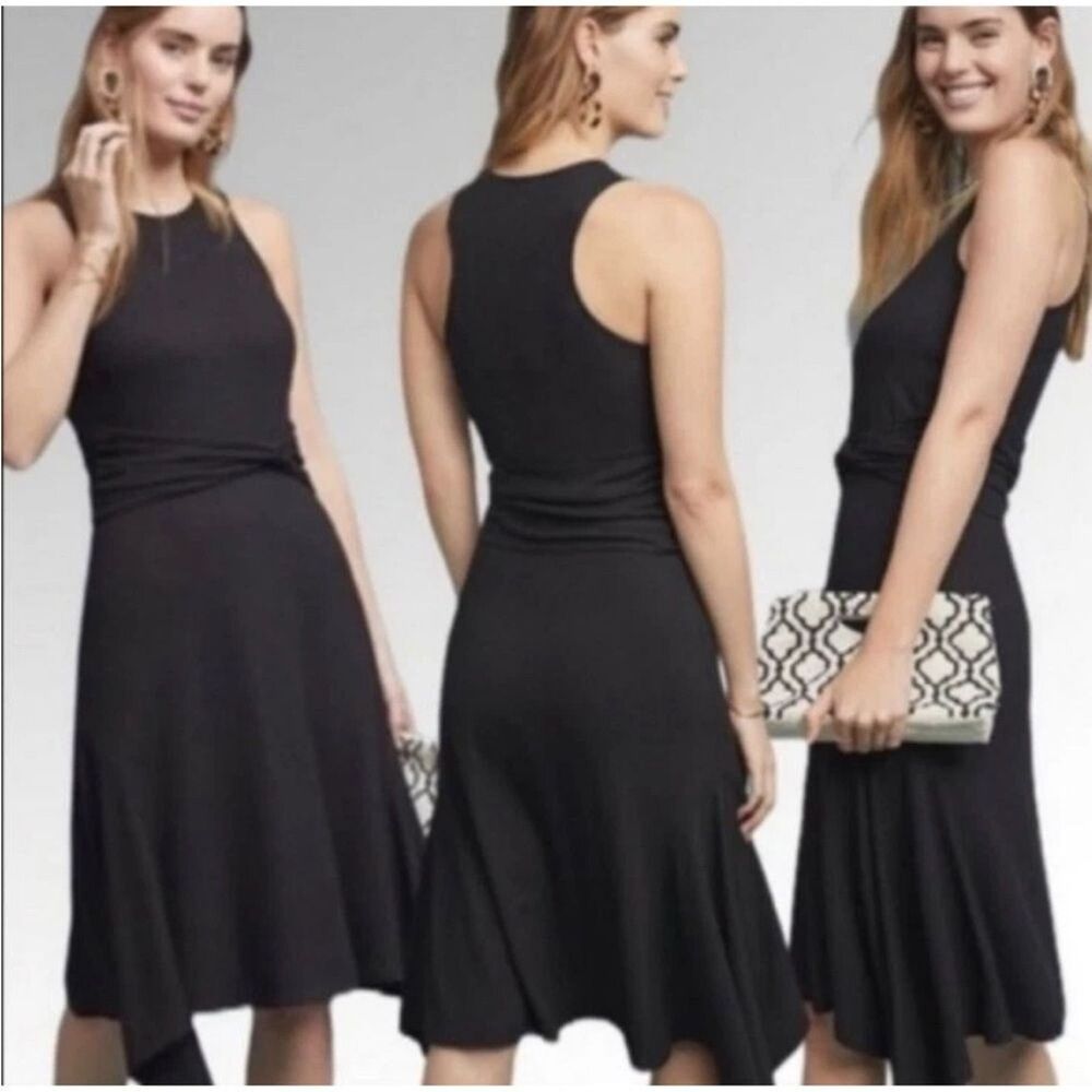 Like New Anthropologie Black Ribbed Racer Back Asymmetrical Midi Dress small